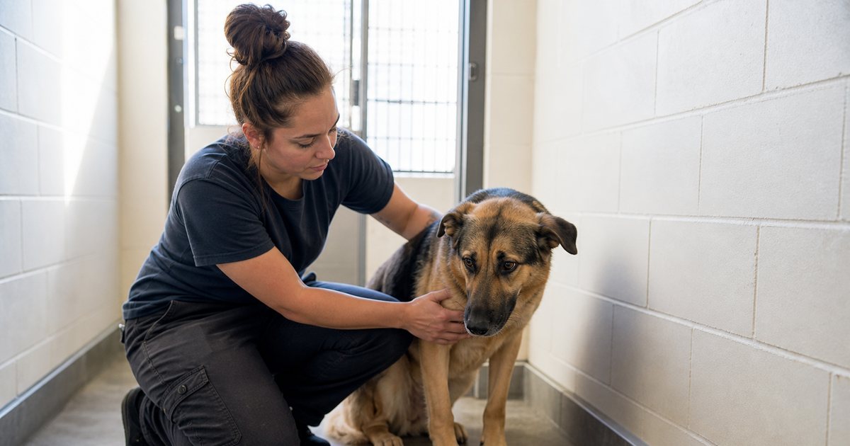 A kennel attendant kneeling beside a nervous shepherd mix inside a clean indoor run, an untouched stainless steel bowl of kibble on the floor beside them, soft morning light falling through a high window onto sealed concrete