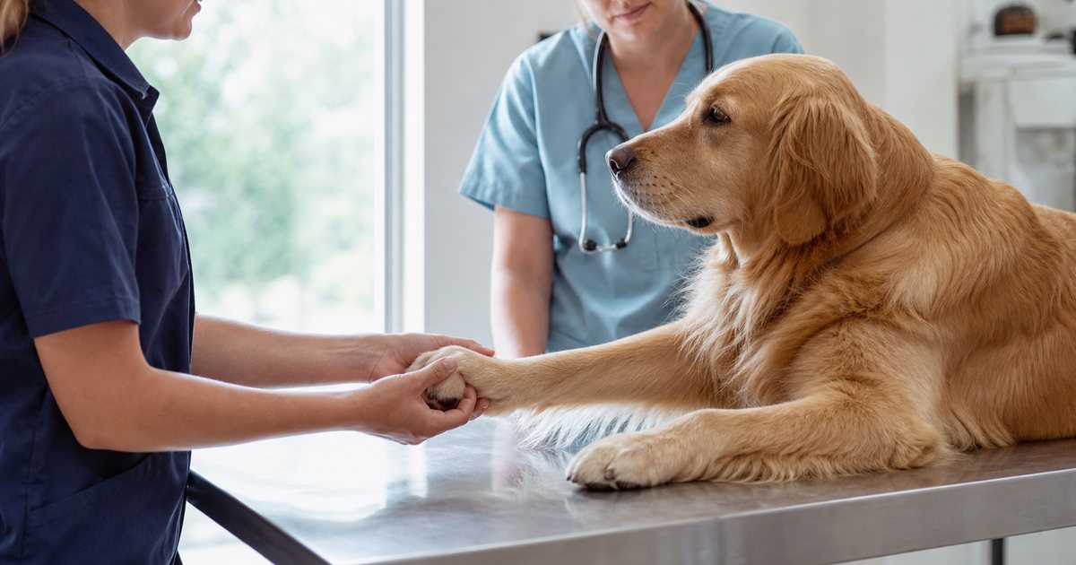 Kennel staff member gently holding the paw of a golden retriever on an exam table in a veterinary clinic while a veterinarian in scrubs looks on, clean bright room with a window