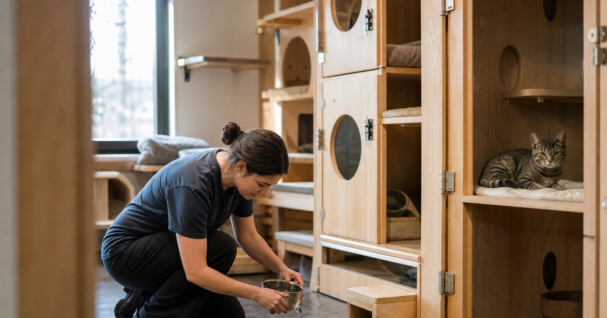 A quiet cat boarding room with stacked wooden condos, a gray tabby resting on a shelf inside one, a small window with soft light, a staff member quietly refilling a water bowl
