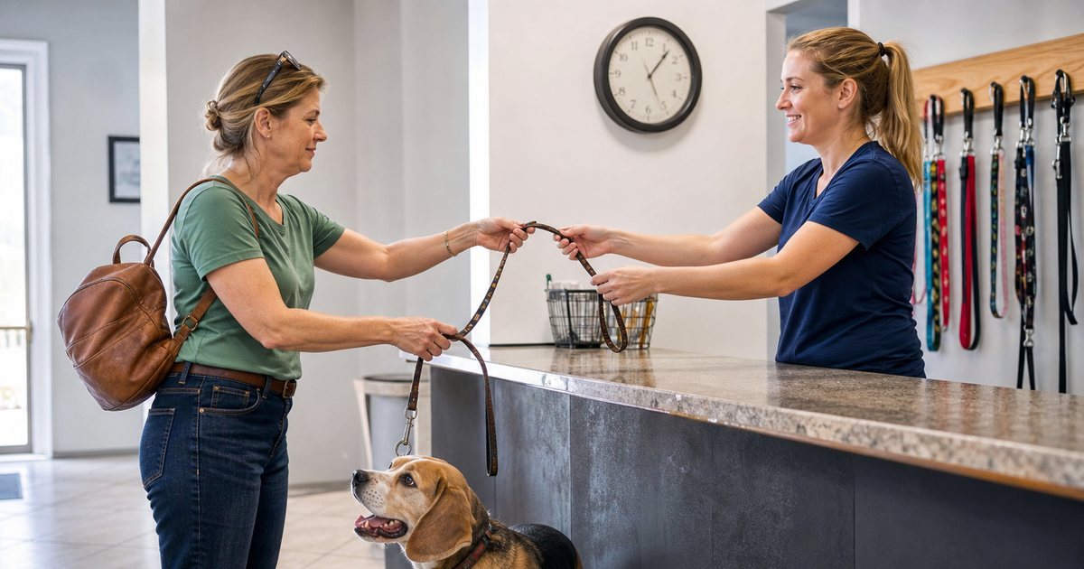 Owner handing a leashed beagle to a kennel attendant at a front counter in the morning, a wall clock and a row of hanging leashes behind them, bright reception area with tile floor