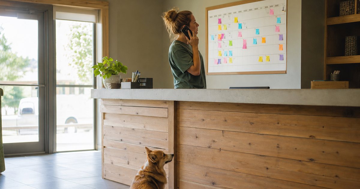 Kennel owner at a front desk studying a large paper wall calendar covered in colored sticky notes while holding a phone to her ear, a corgi sitting on the floor beside the desk, morning light