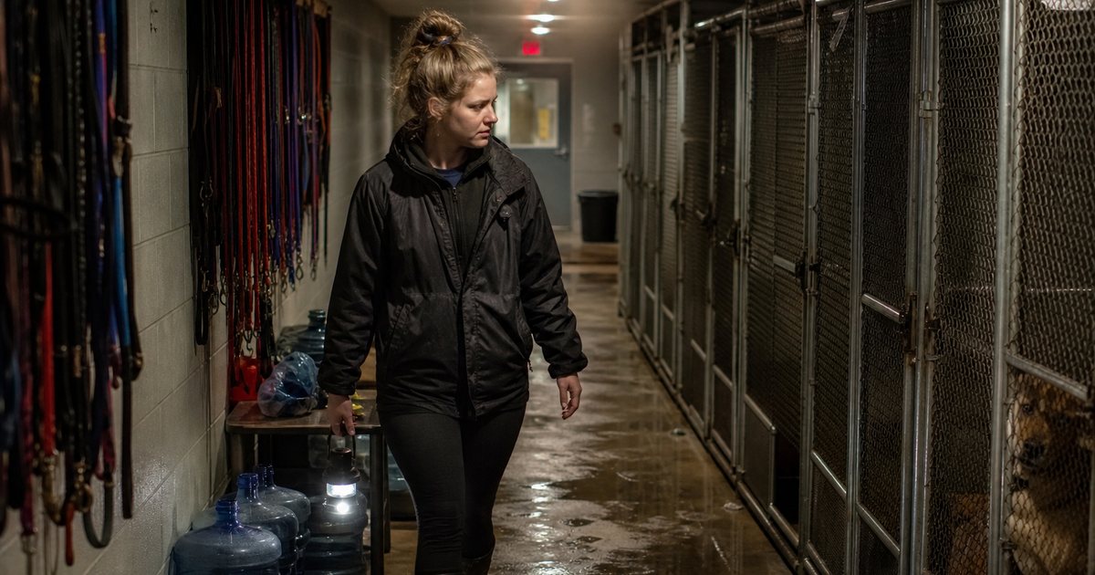 A kennel worker in a wet rain jacket carrying a battery lantern along a corridor of indoor dog runs at night, stacked water jugs against the block wall, extra leads hanging on hooks, dim warm light and puddled boot prints on the floor