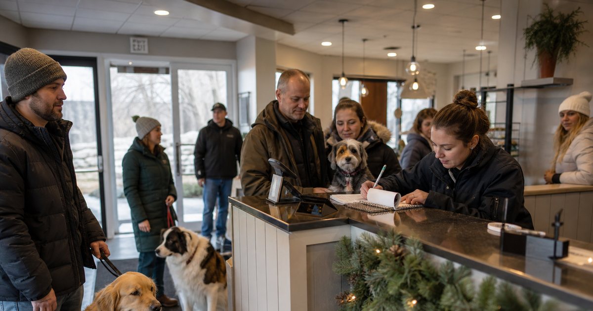 Busy kennel reception during the winter holidays, several owners with dogs of different sizes waiting near the counter, evergreen garland on the desk, a staff member writing in a paper reservation book
