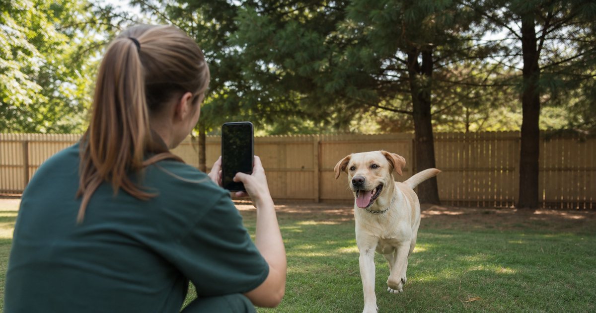 Kennel attendant crouching in a grassy play yard holding up a phone with its screen turned away from the camera to photograph a happy yellow labrador mid play, wooden fence and shade trees behind, sunny afternoon