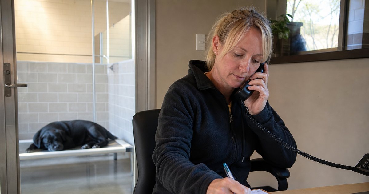 Kennel manager on the phone at a reception desk with a paper calendar and a clipboard list, a sleeping black labrador visible in a run through a glass door behind her, warm afternoon light