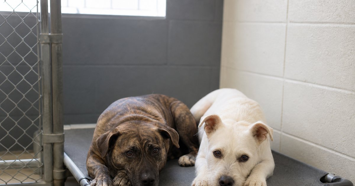 Two medium dogs, a brindle mix and a white terrier mix, lying together on a raised cot inside a clean indoor kennel run with a chain link gate, daylight from a high window